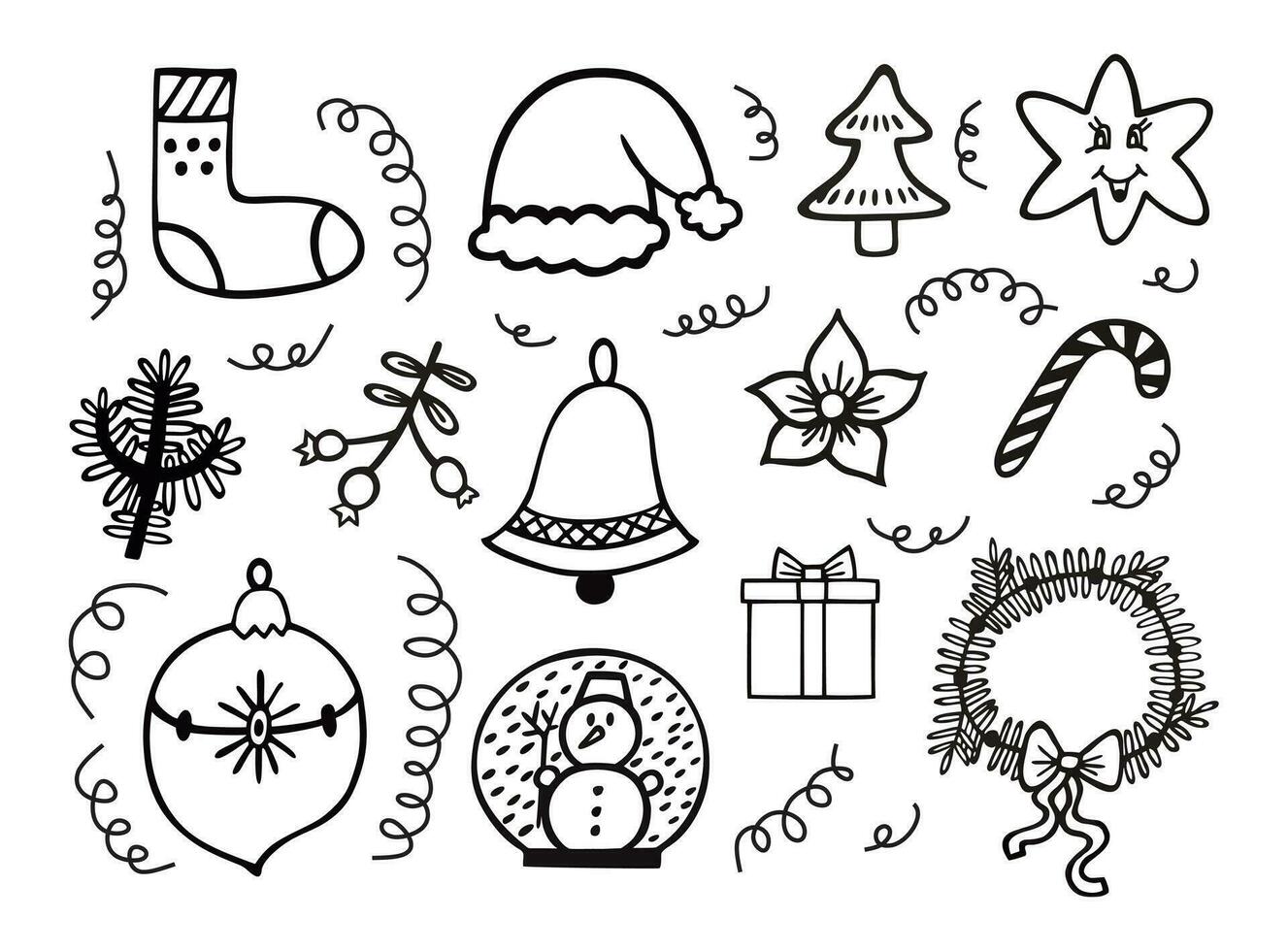 Black line doodle set of New Year festival with white background vector