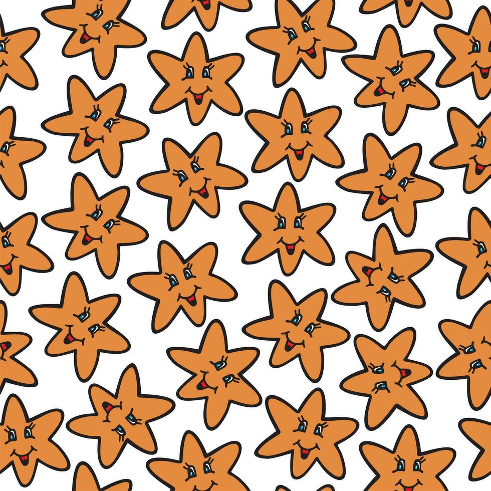 Stars Cute Seamless Pattern, doodle Vector Illustration, Isolated Background. Smile face