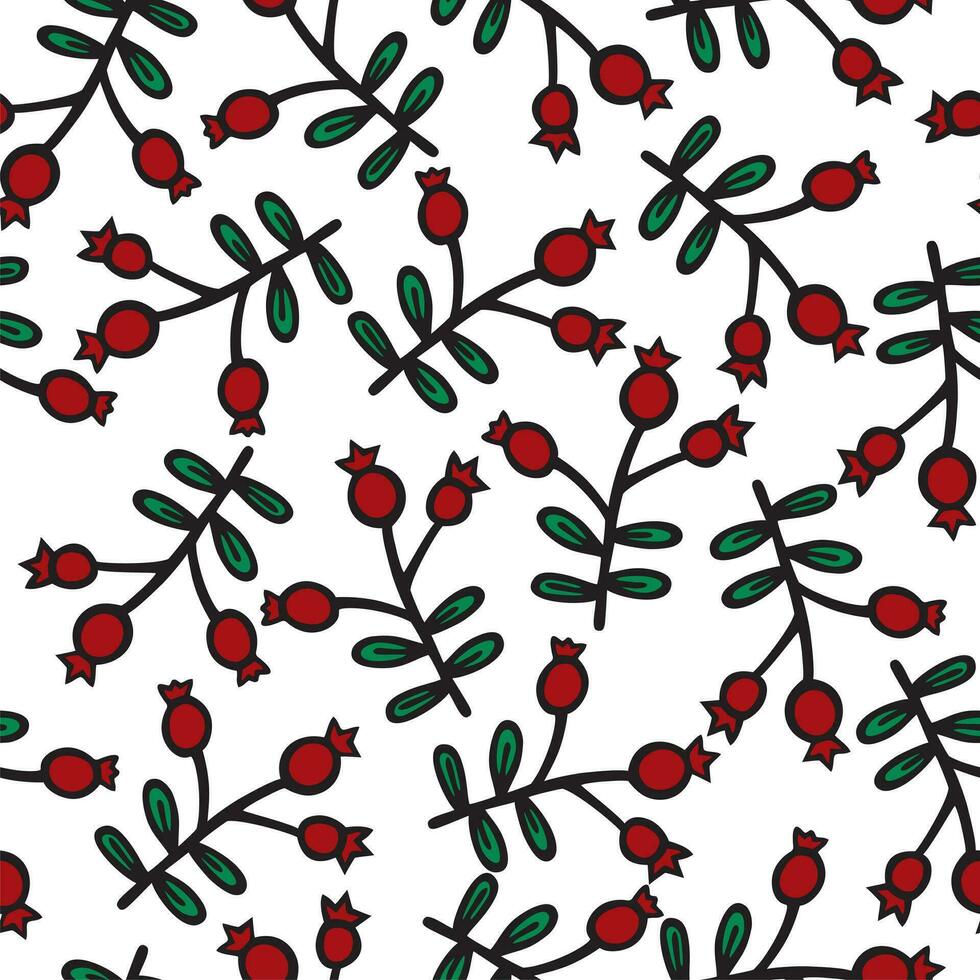 Winter Holidays Holly Foliage and Berries Vector Seamless Pattern. Modern Christmas Background. Colorful Minimal Hand-Drawn Print.