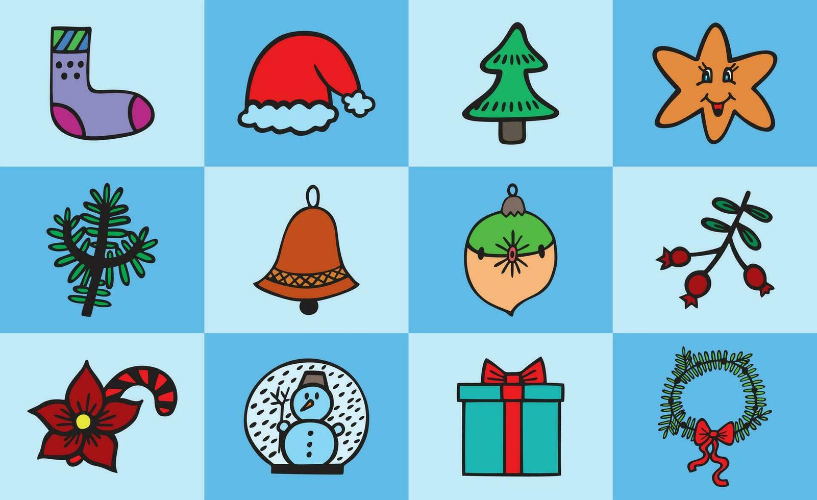 Xmas pattern with squares. Happy New Year icons in square shapes. Sock, hat, Christmas tree and others vector