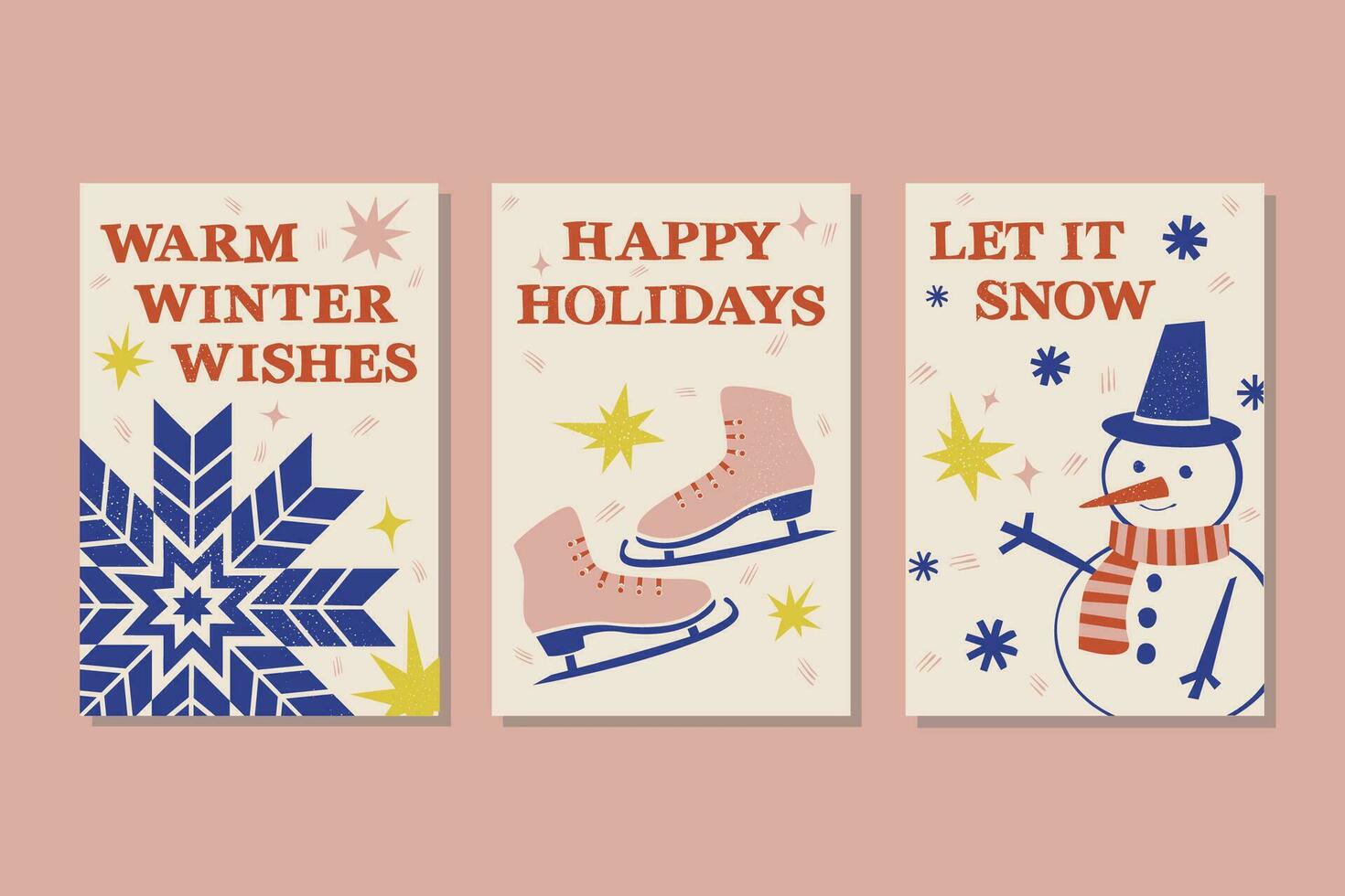 Set of Three Christmas Greeting Cards in Linocut Style vector