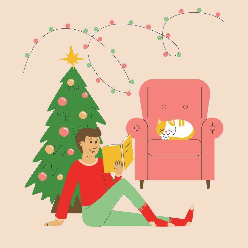 mano dibujado Navidad web concepto en plano estilo. el hombre leyendo un libro vector