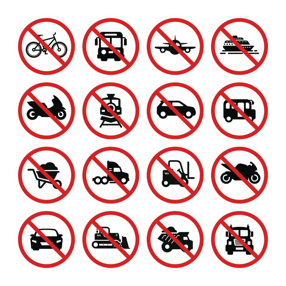 prohibición vehículos símbolo conjunto vector. No vehículos firmar símbolo conjunto vector