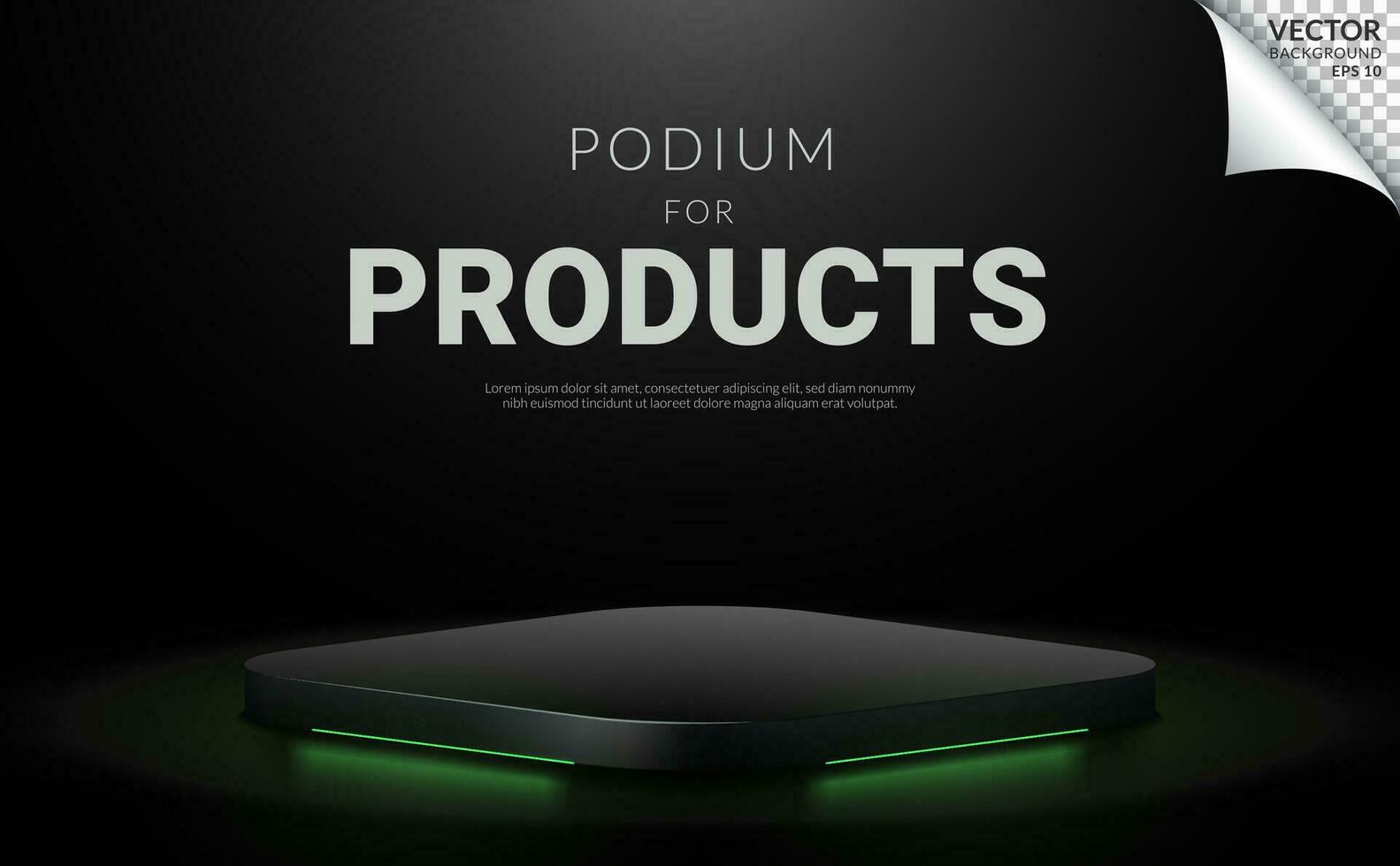 Black scene square podium with green neon free space for products on black studio background. Vector Illustration