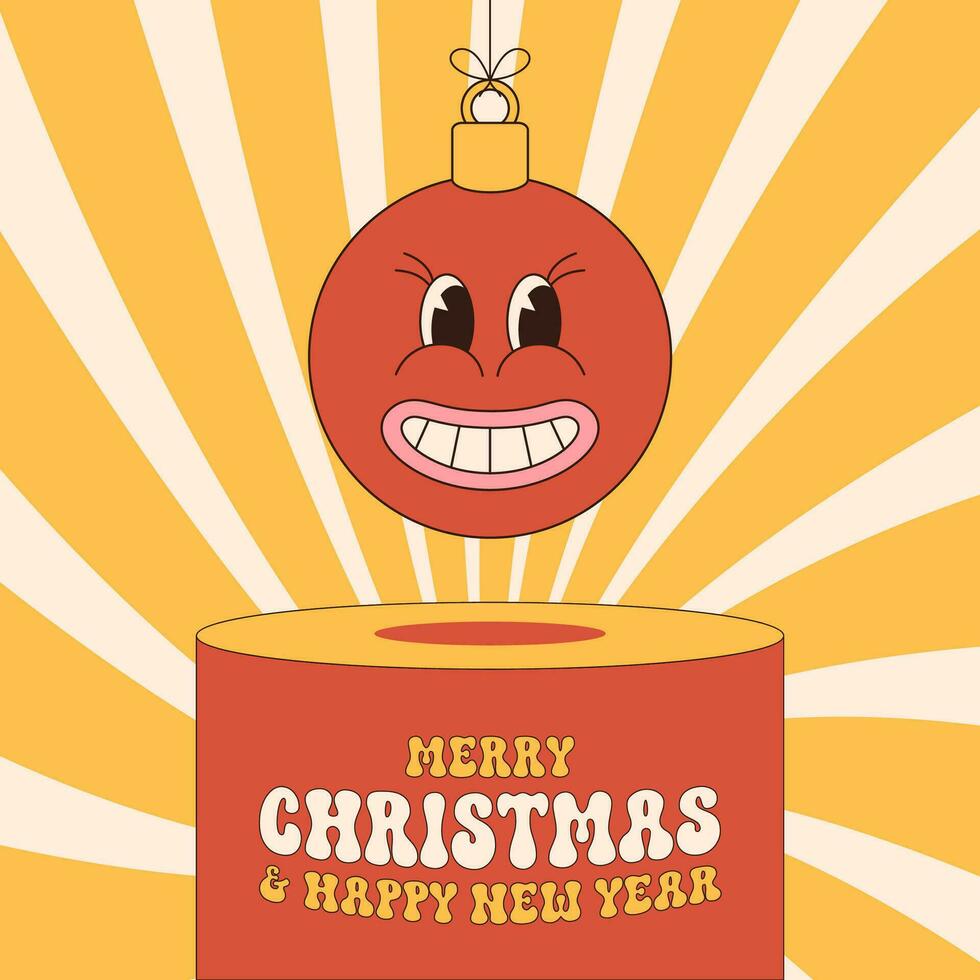 Groovy Christmas bauble pedestal. Groovy hippie Merry Christmas greeting card. Hang on a thread ball. Trendy Vector illustration