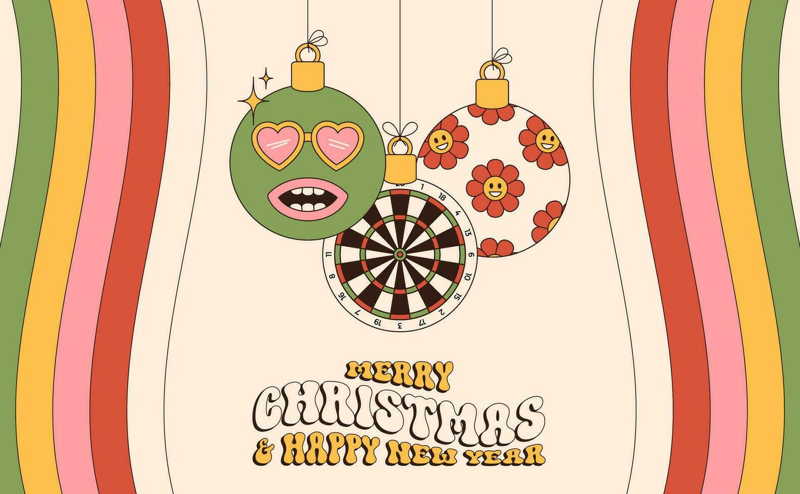 dart Merry Christmas and Happy New Year groovy Sports greeting card. Hanging ball as a groovy Christmas ball on vibrant background. Vector illustration.