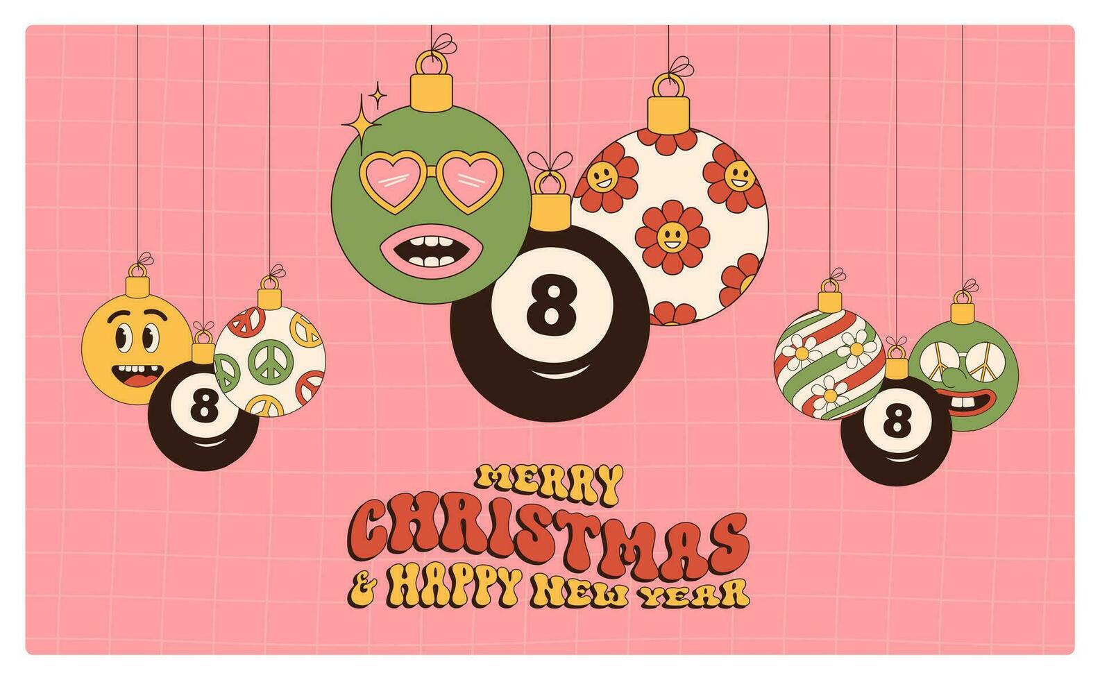 billiard Merry Christmas and Happy New Year groovy Sports greeting card. Hanging ball as a groovy Christmas ball on vibrant background. Vector illustration.