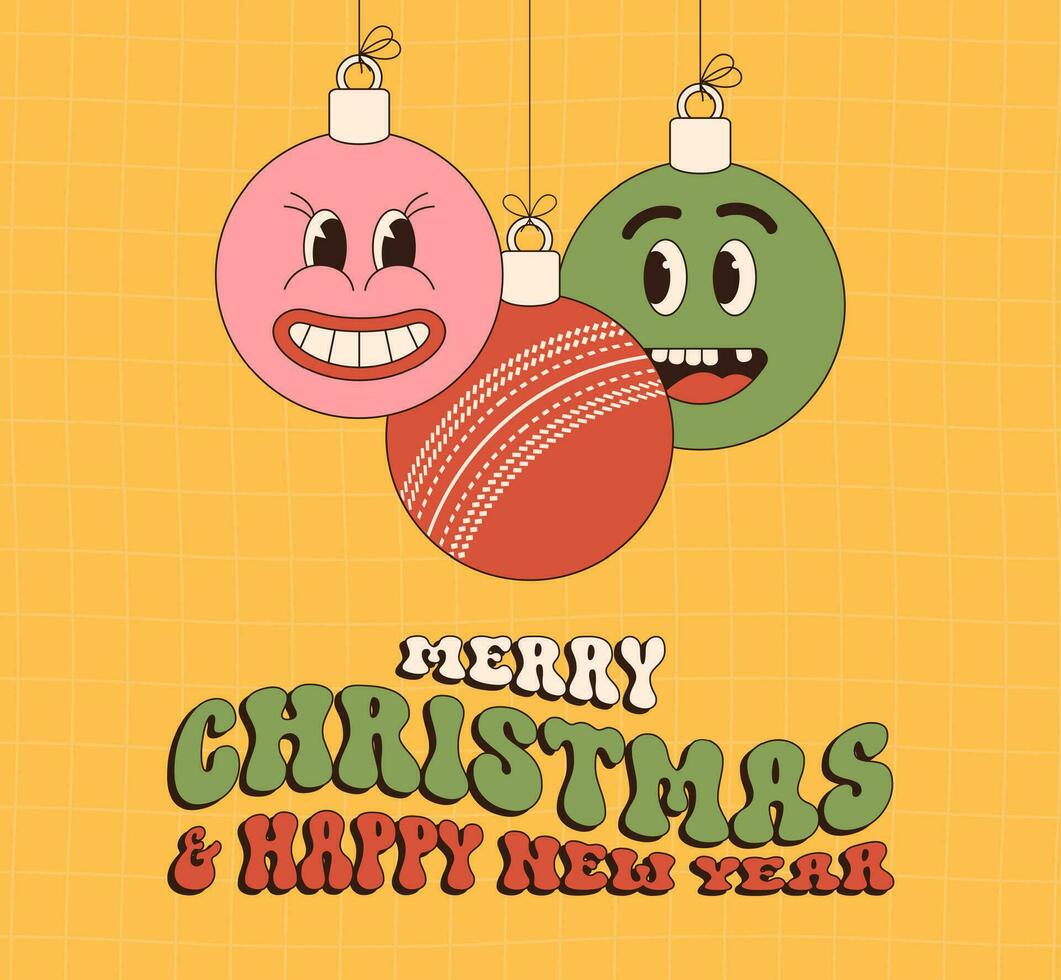 cricket Merry Christmas and Happy New Year groovy Sports greeting card. Hanging ball as a groovy Christmas ball on vibrant background. Vector illustration.