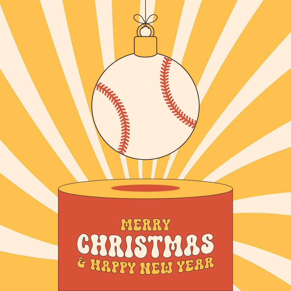 baseball groovy Christmas bauble pedestal. Merry Christmas groovy sport greeting card. Hang on a thread xmas ball on podium. Sport Trendy Vector illustration