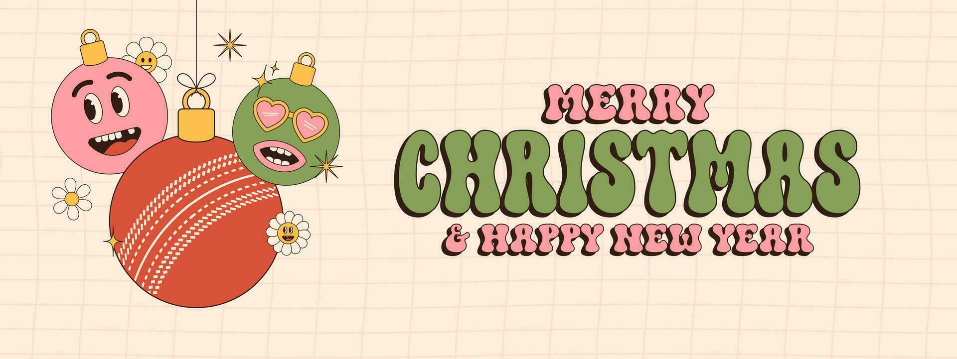 cricket Merry Christmas and Happy New Year groovy Sports greeting card. Hanging ball as a groovy Christmas ball on vibrant background. Vector illustration.