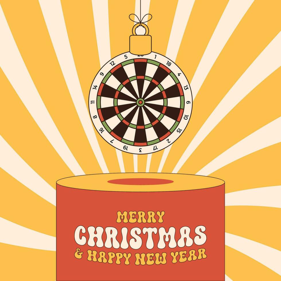 dart groovy Christmas bauble pedestal. Merry Christmas groovy sport greeting card. Hang on a thread xmas ball on podium. Sport Trendy Vector illustration