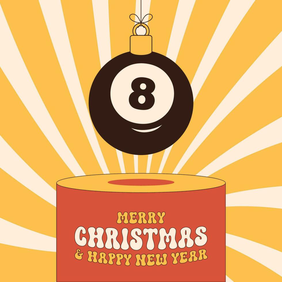 billiard groovy Christmas bauble pedestal. Merry Christmas groovy sport greeting card. Hang on a thread xmas ball on podium. Sport Trendy Vector illustration