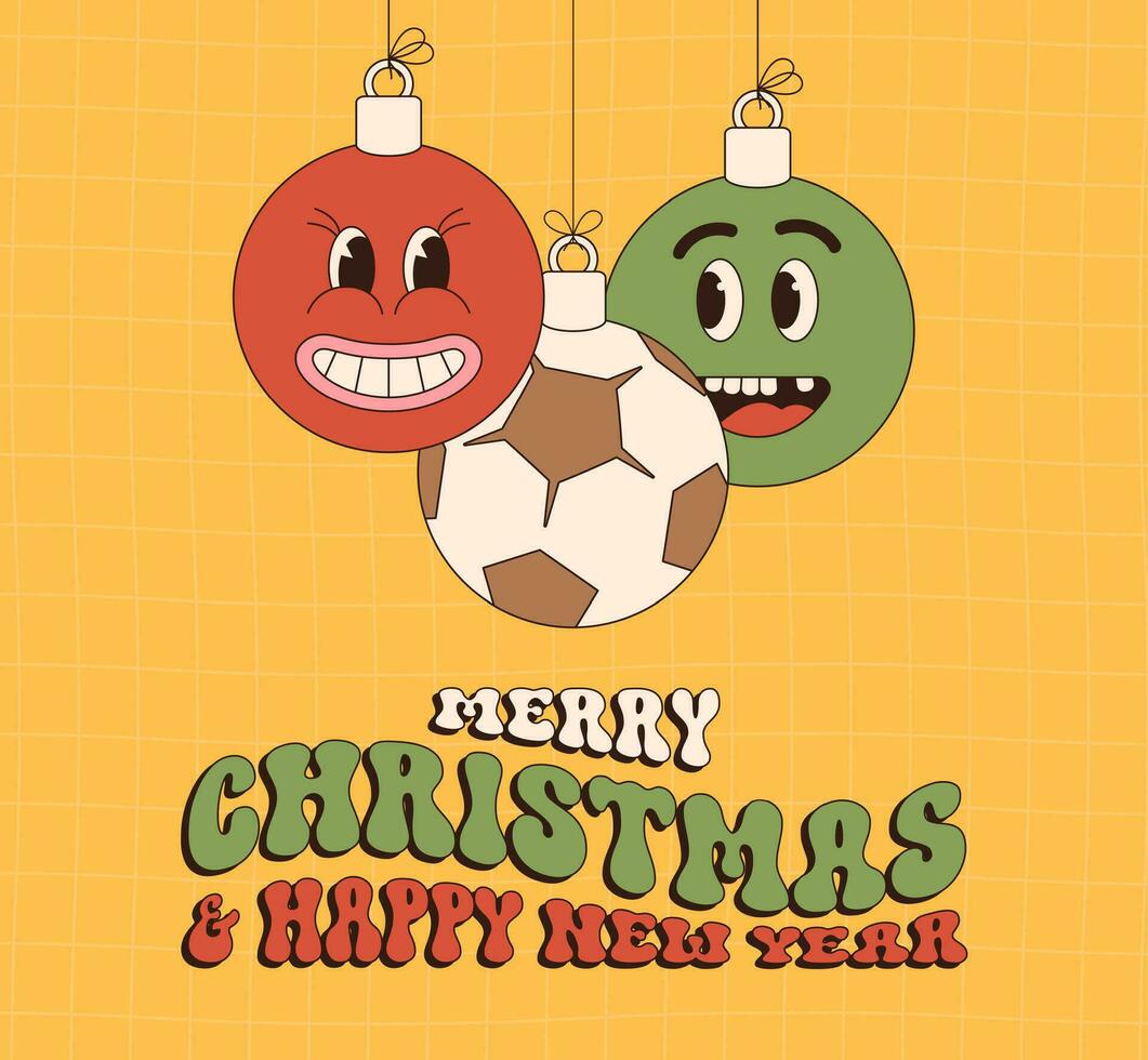 football Merry Christmas and Happy New Year groovy Sports greeting card. Hanging ball as a groovy Christmas ball on vibrant background. Vector illustration.