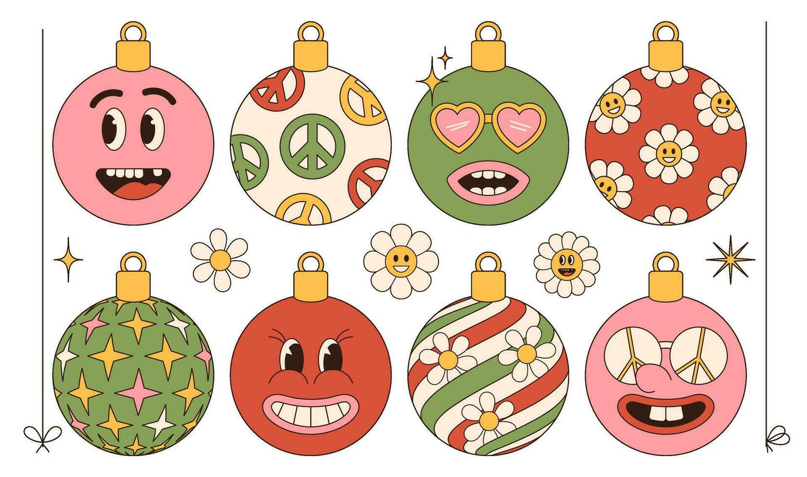 Navidad maravilloso ambiente conjunto de Navidad árbol chuchería pelotas y juguetes en de moda retro 60s hippie lineal dibujos animados estilo. vector ilustración