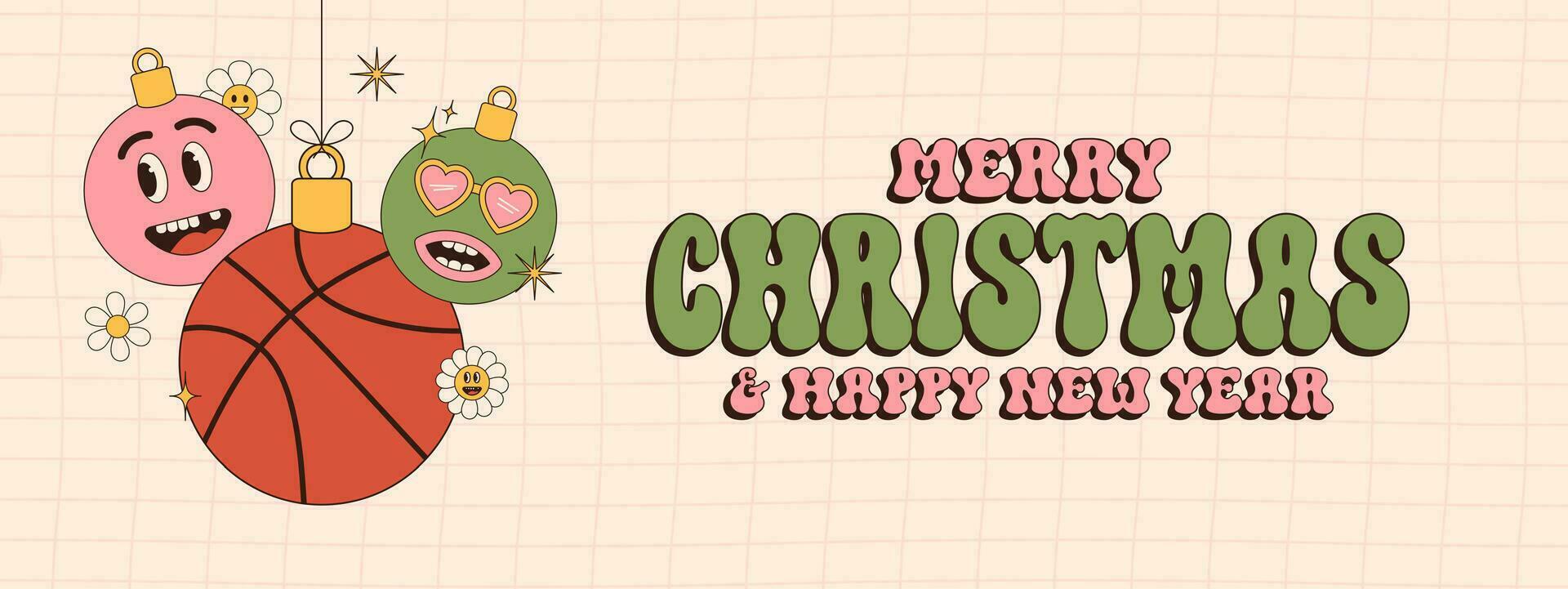 basketball Merry Christmas and Happy New Year groovy Sports greeting card. Hanging ball as a groovy Christmas ball on vibrant background. Vector illustration.