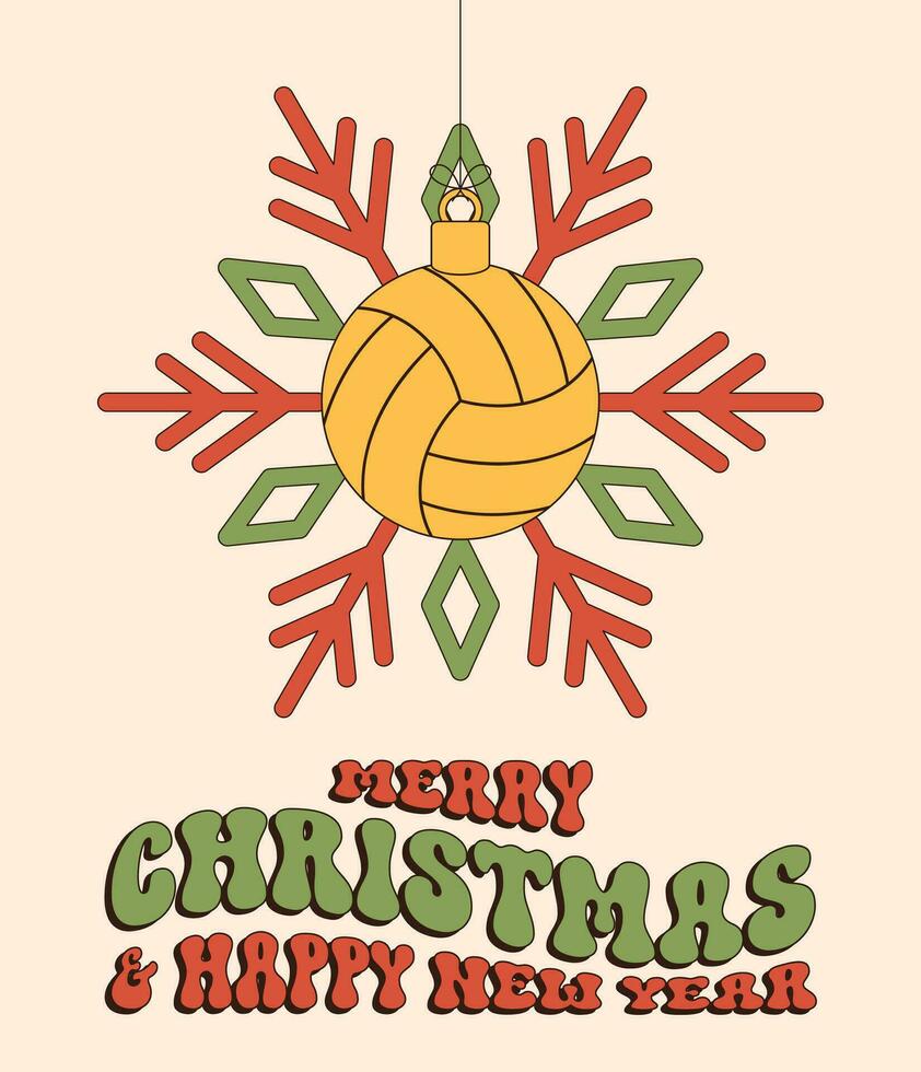 volleyball Merry Christmas and Happy New Year groovy Sports greeting card. Hanging ball as a groovy Christmas ball on vibrant background. Vector illustration.