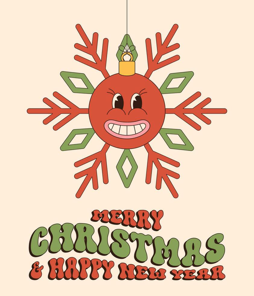 groovy christmas greeting card. Merry Christmas and Happy New year greeting card, poster, print, party invitation, background. vector