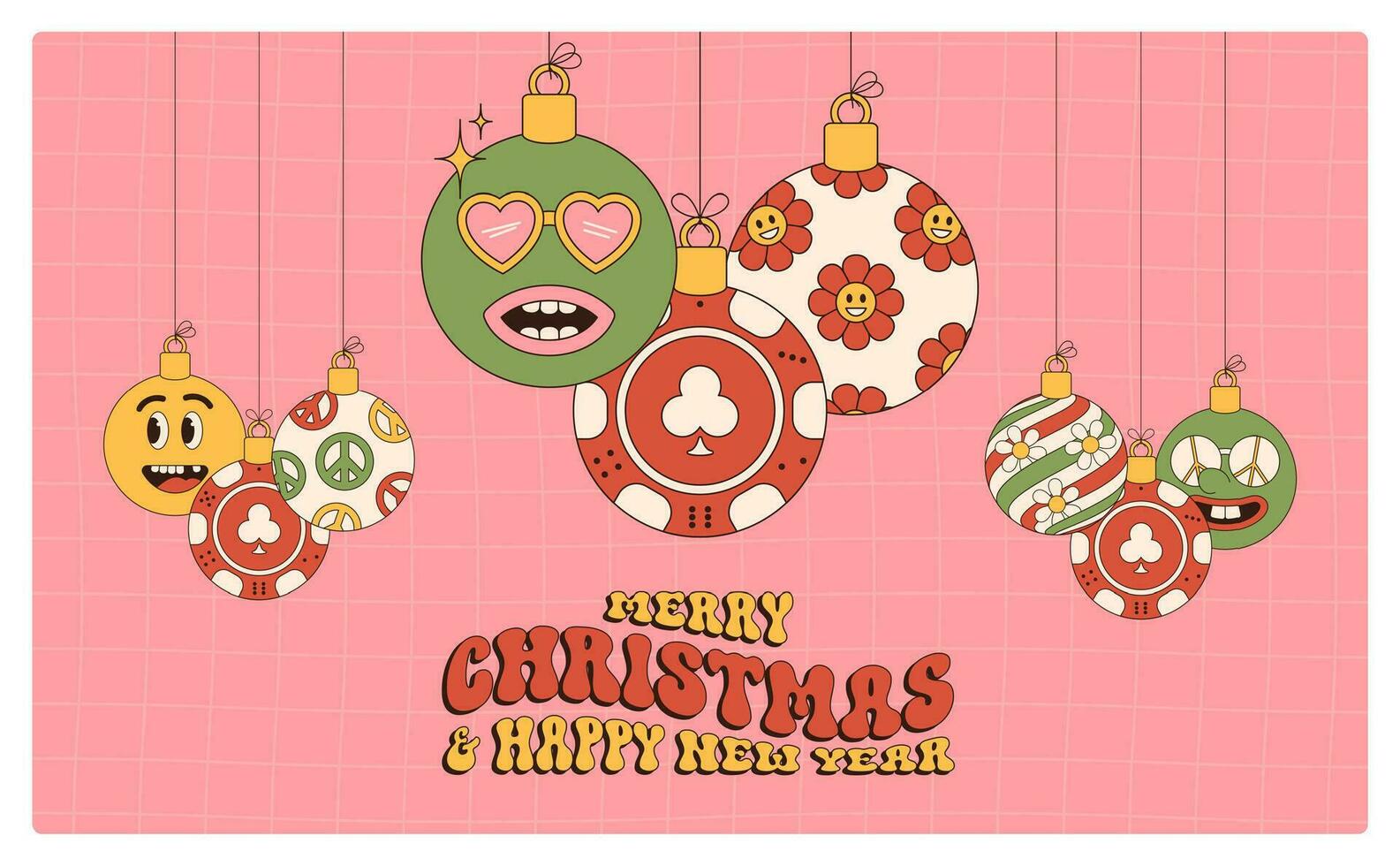 Casino chip Merry Christmas and Happy New Year groovy Sports greeting card. Hanging ball as a groovy Christmas ball on vibrant background. Vector illustration.