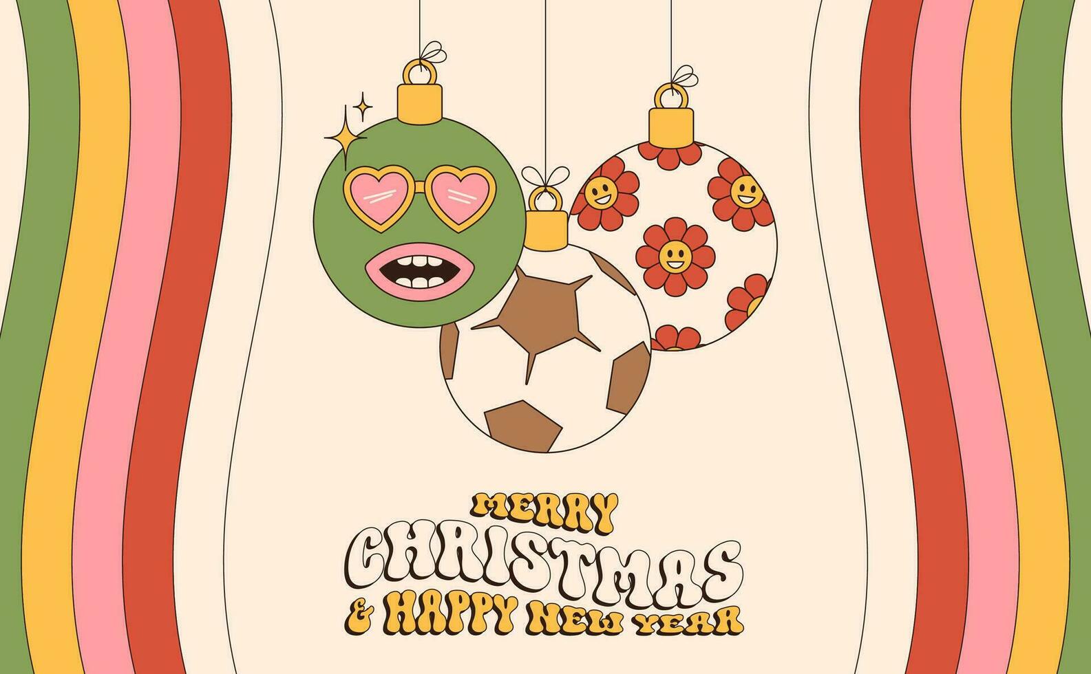 football Merry Christmas and Happy New Year groovy Sports greeting card. Hanging ball as a groovy Christmas ball on vibrant background. Vector illustration.