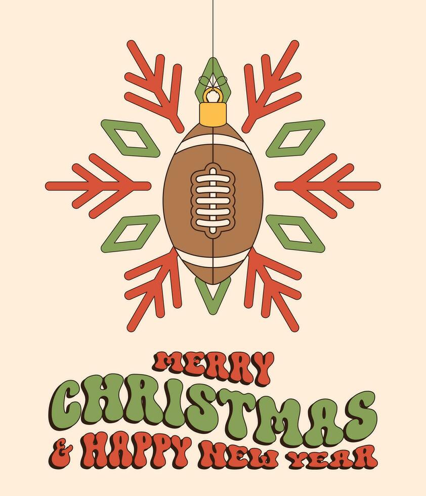 rugby Merry Christmas and Happy New Year groovy Sports greeting card. Hanging ball as a groovy Christmas ball on vibrant background. Vector illustration.