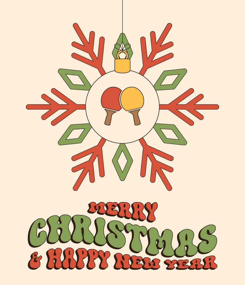 ping pong Merry Christmas and Happy New Year groovy Sports greeting card. Hanging ball as a groovy Christmas ball on vibrant background. Vector illustration.