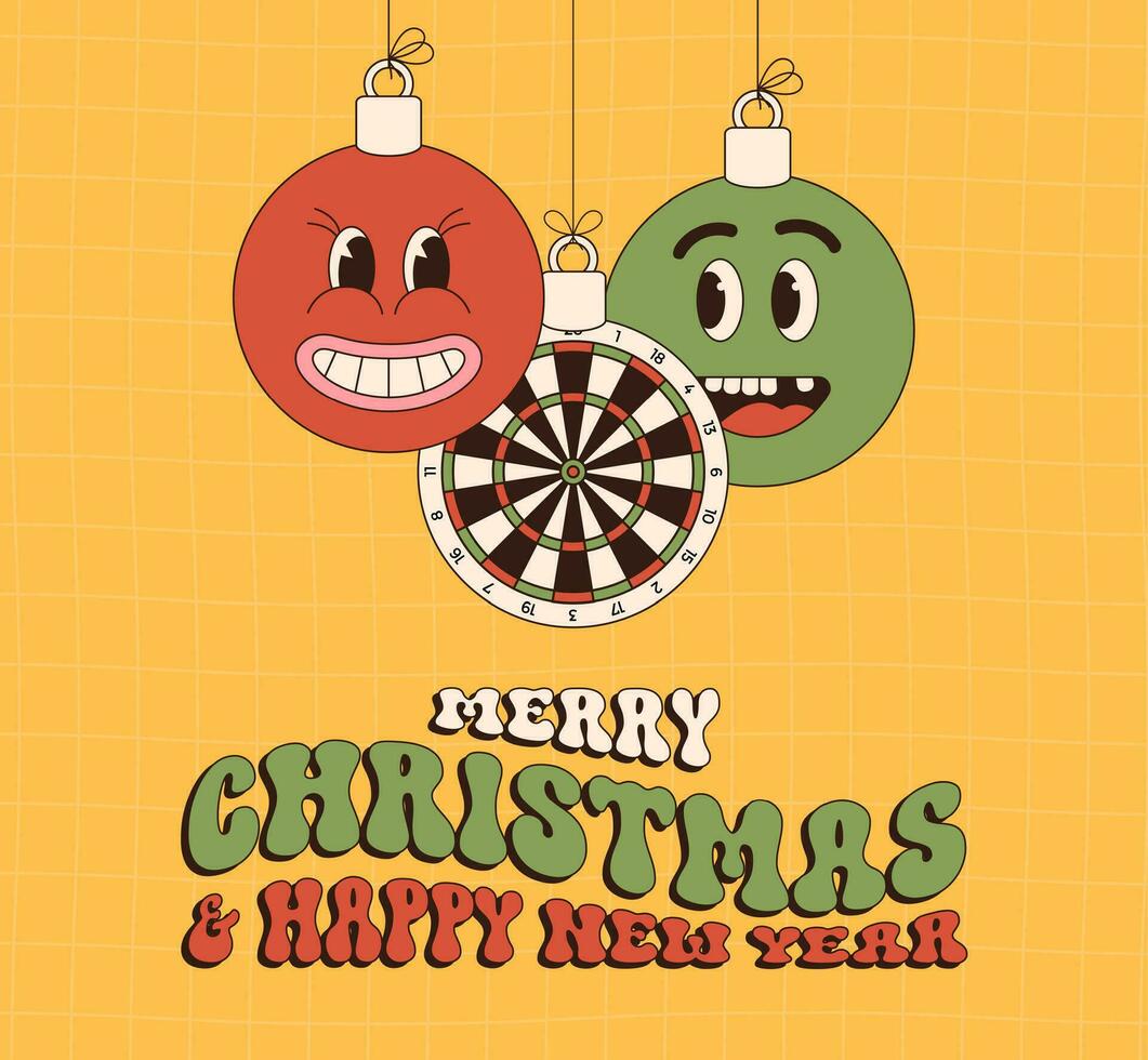 dart Merry Christmas and Happy New Year groovy Sports greeting card. Hanging ball as a groovy Christmas ball on vibrant background. Vector illustration.