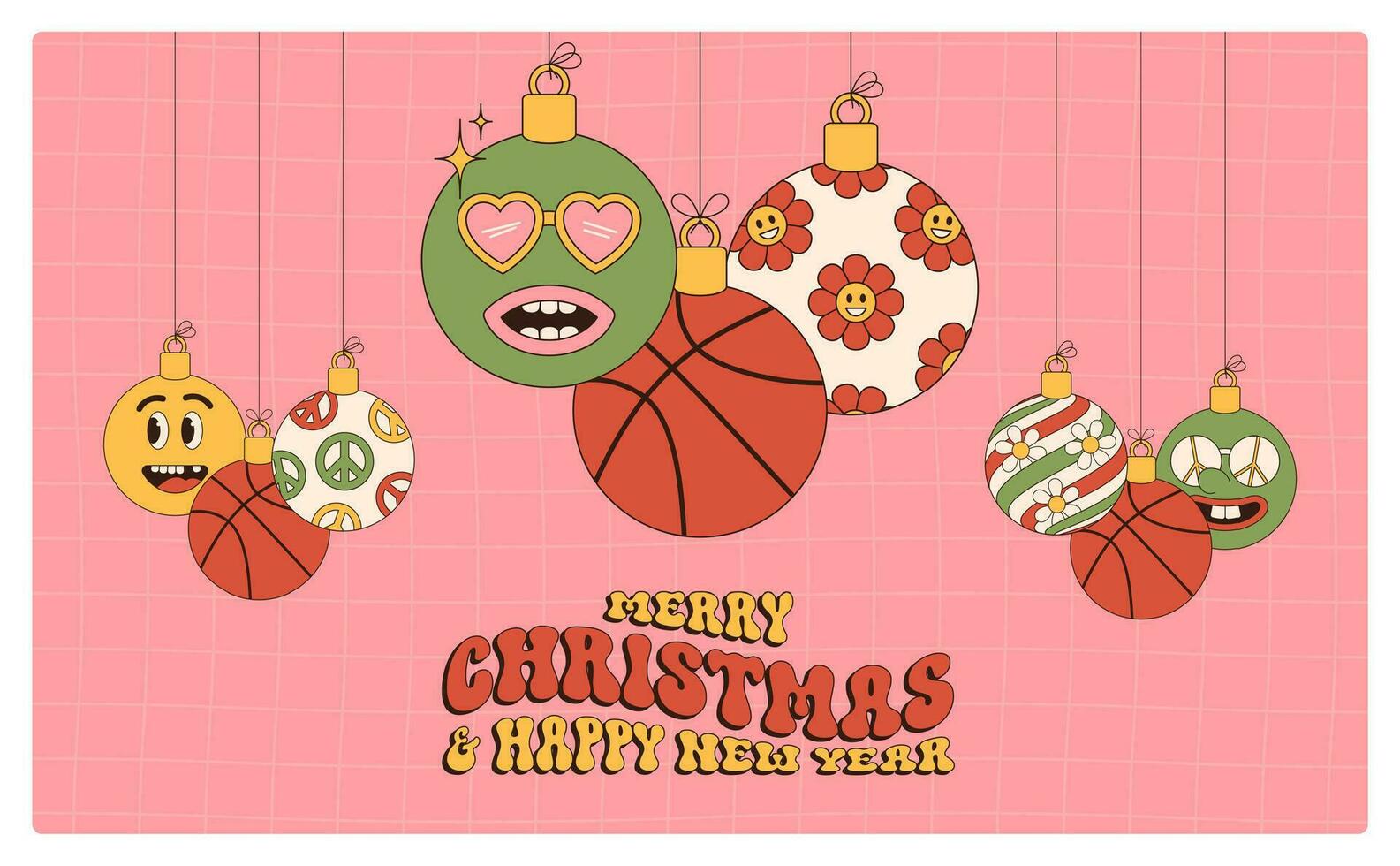 basketball Merry Christmas and Happy New Year groovy Sports greeting card. Hanging ball as a groovy Christmas ball on vibrant background. Vector illustration.