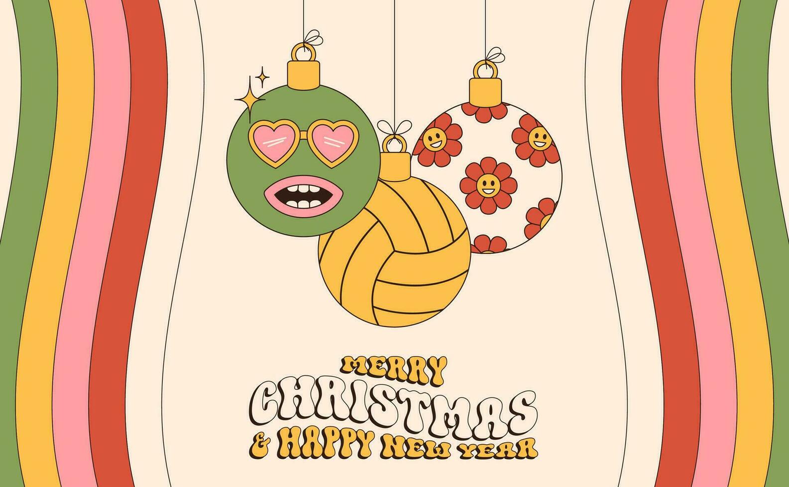 volleyball Merry Christmas and Happy New Year groovy Sports greeting card. Hanging ball as a groovy Christmas ball on vibrant background. Vector illustration.