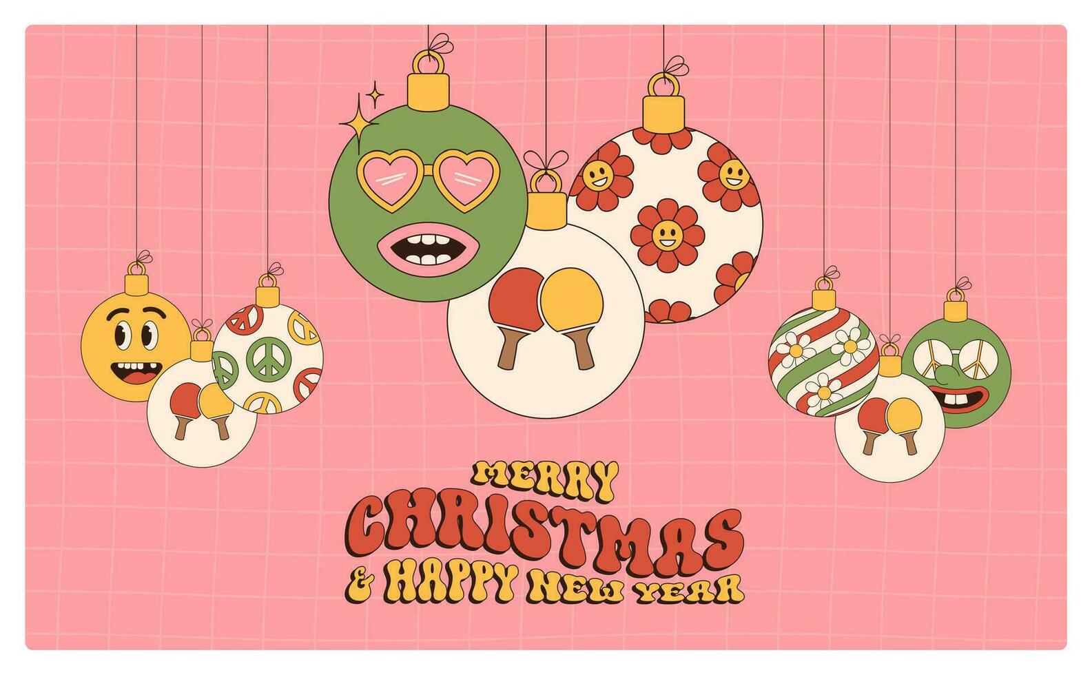 ping pong Merry Christmas and Happy New Year groovy Sports greeting card. Hanging ball as a groovy Christmas ball on vibrant background. Vector illustration.