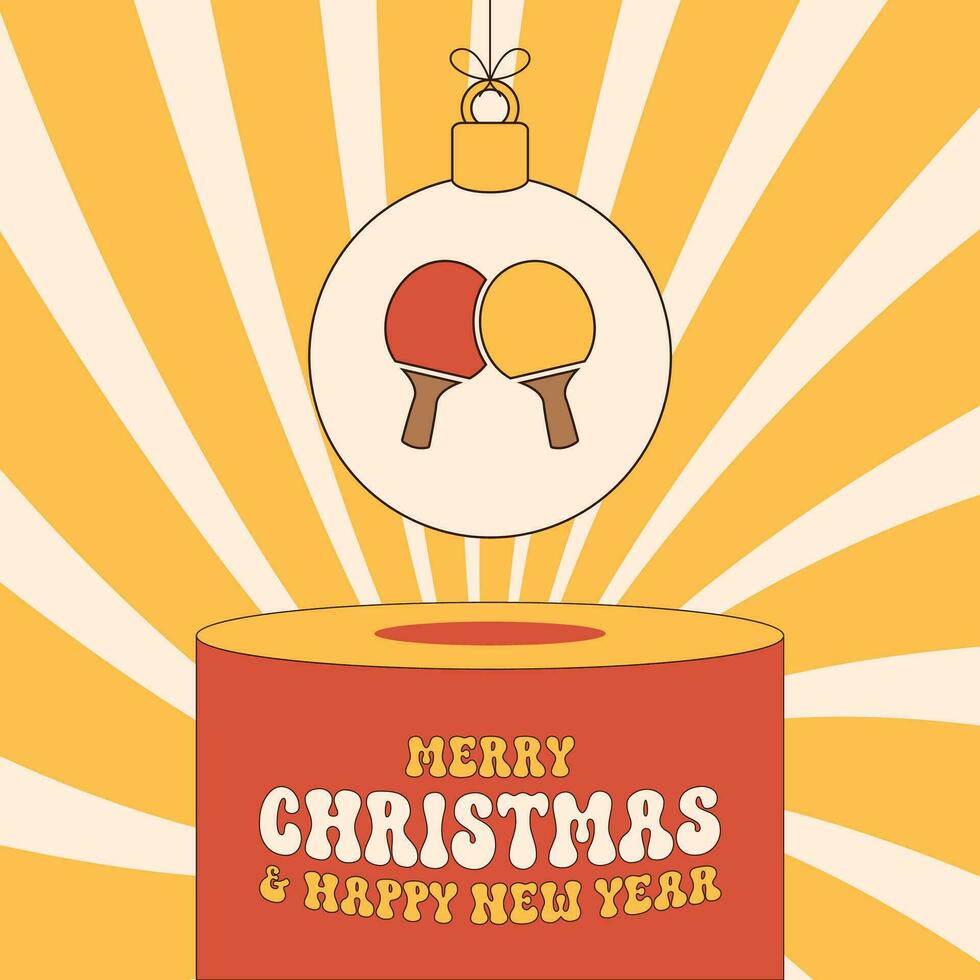 ping pong groovy Christmas bauble pedestal. Merry Christmas groovy sport greeting card. Hang on a thread xmas ball on podium. Sport Trendy Vector illustration