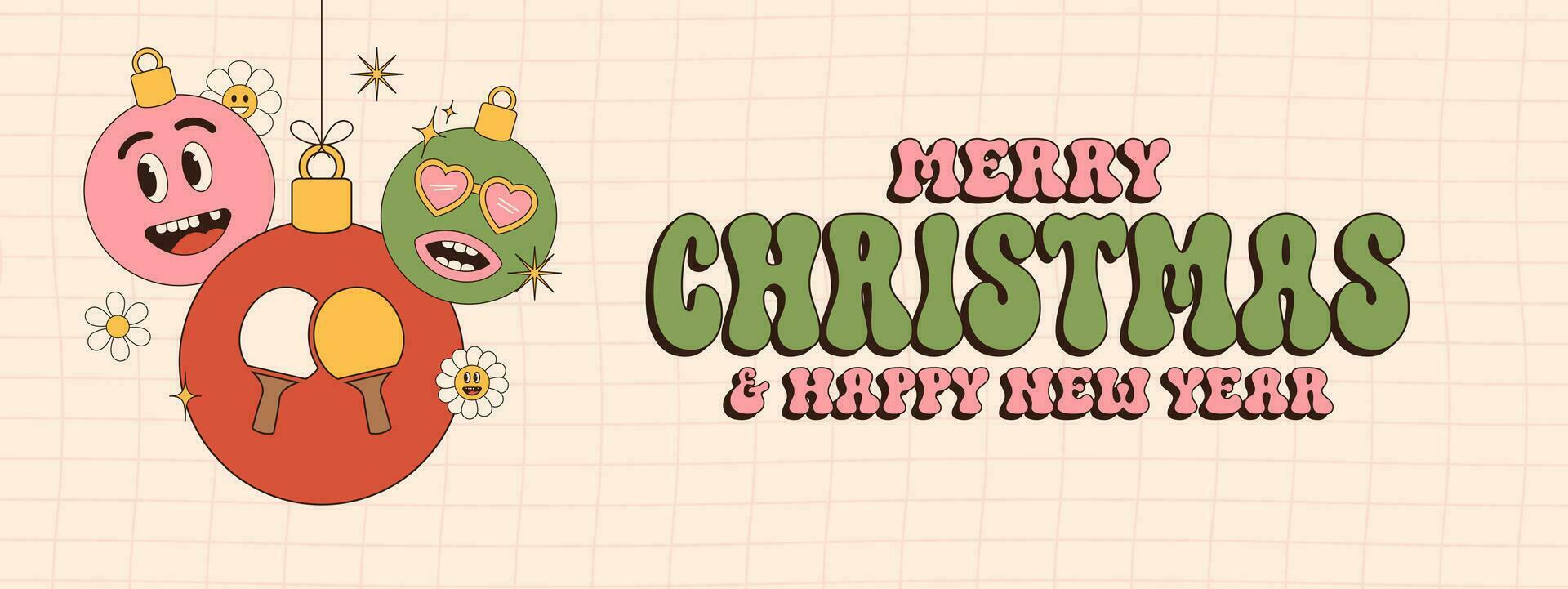 ping pong Merry Christmas and Happy New Year groovy Sports greeting card. Hanging ball as a groovy Christmas ball on vibrant background. Vector illustration.