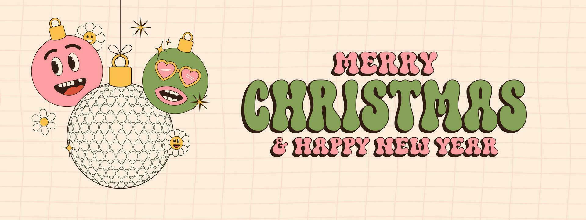 golf Merry Christmas and Happy New Year groovy Sports greeting card. Hanging ball as a groovy Christmas ball on vibrant background. Vector illustration.