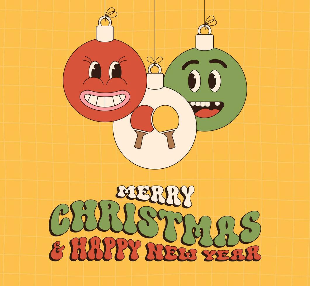 ping pong Merry Christmas and Happy New Year groovy Sports greeting card. Hanging ball as a groovy Christmas ball on vibrant background. Vector illustration.