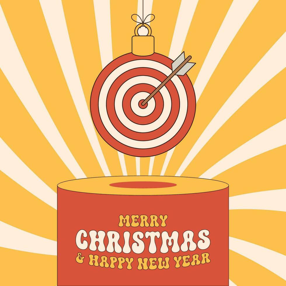 target groovy Christmas bauble pedestal. Merry Christmas groovy sport greeting card. Hang on a thread xmas ball on podium. Sport Trendy Vector illustration