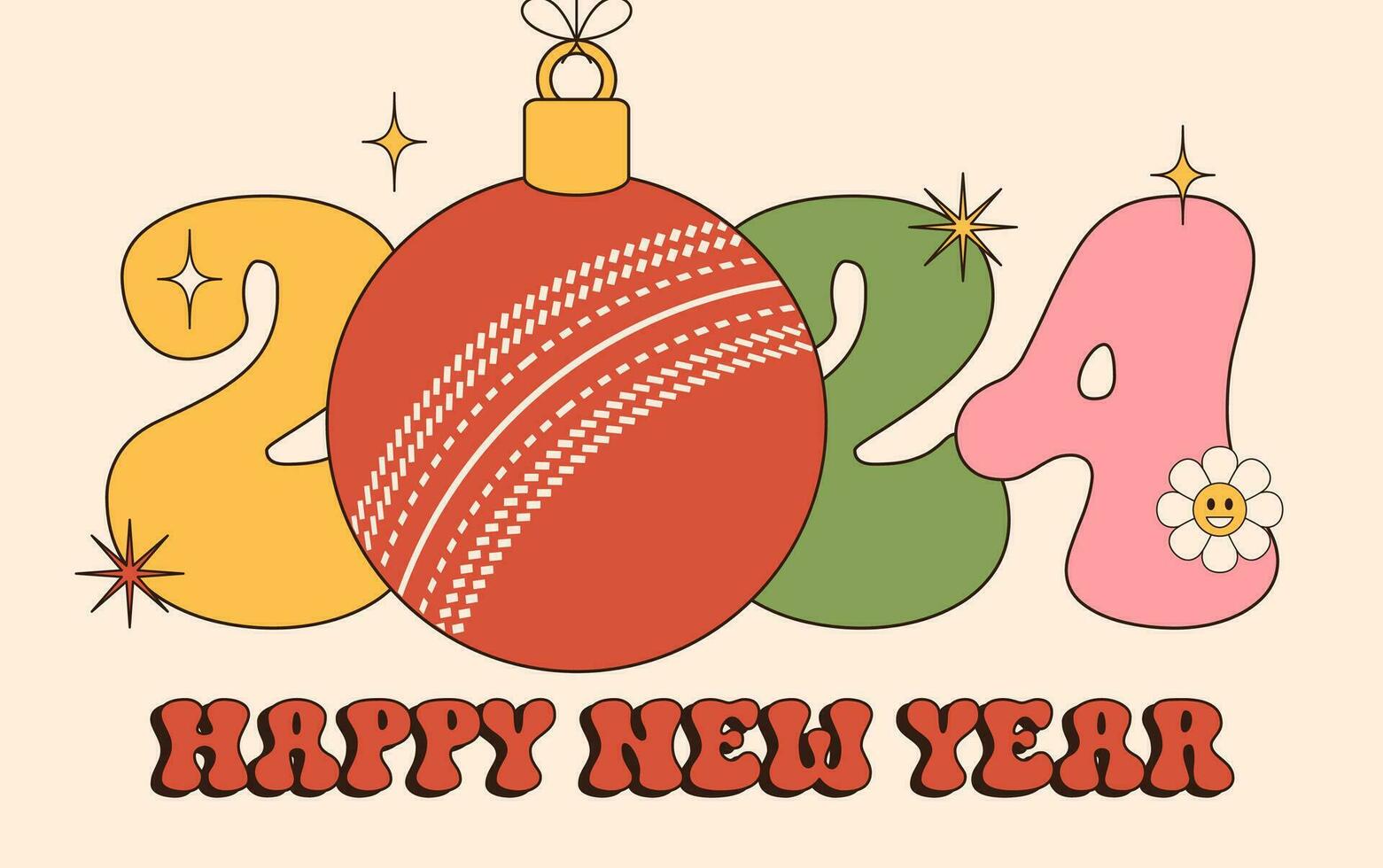 cricket Groovy Happy New Year 2024 with ball. Sports groovy greeting card with sport ball. Vector illustration