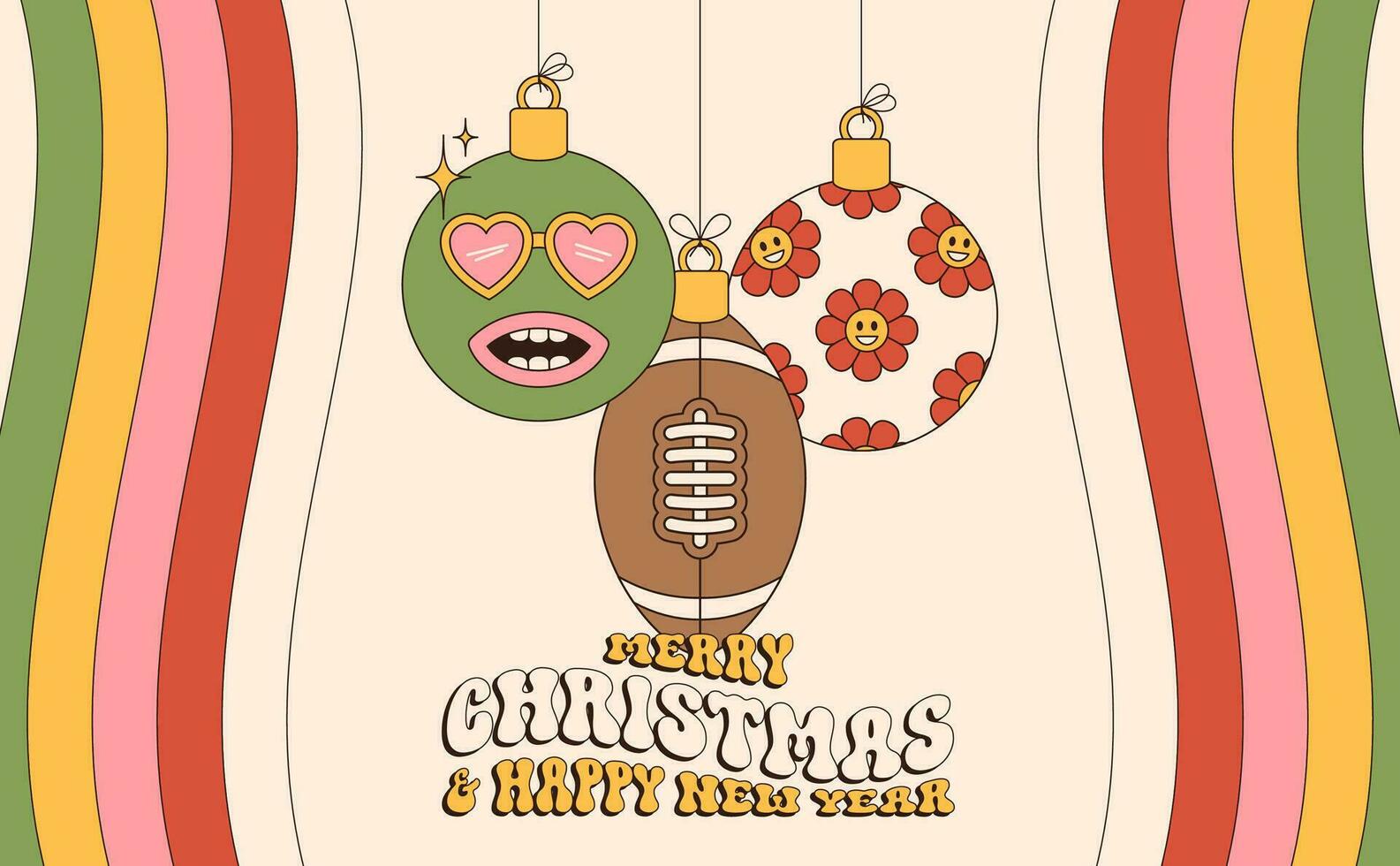 rugby Merry Christmas and Happy New Year groovy Sports greeting card. Hanging ball as a groovy Christmas ball on vibrant background. Vector illustration.