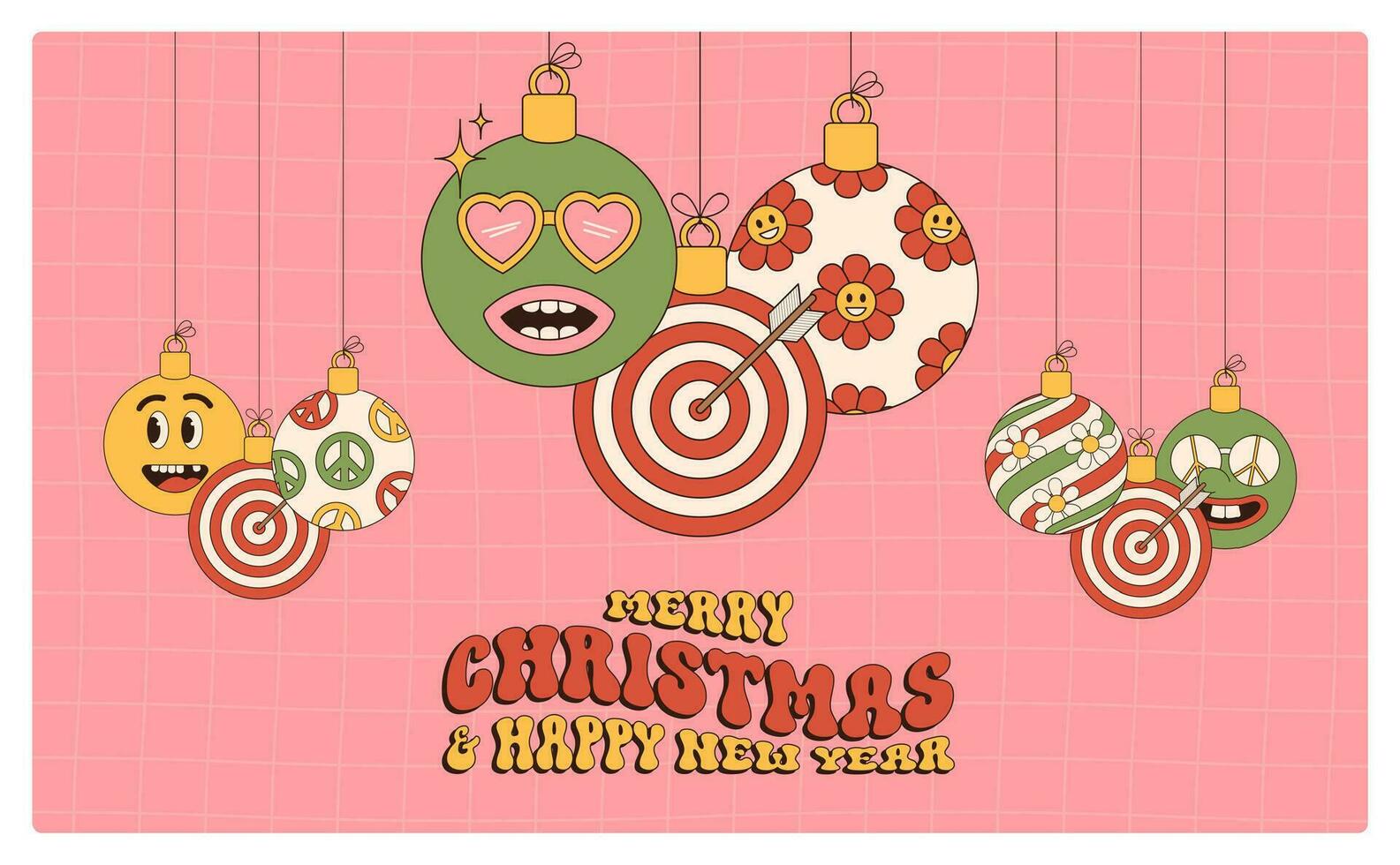 target Merry Christmas and Happy New Year groovy Sports greeting card. Hanging ball as a groovy Christmas ball on vibrant background. Vector illustration.