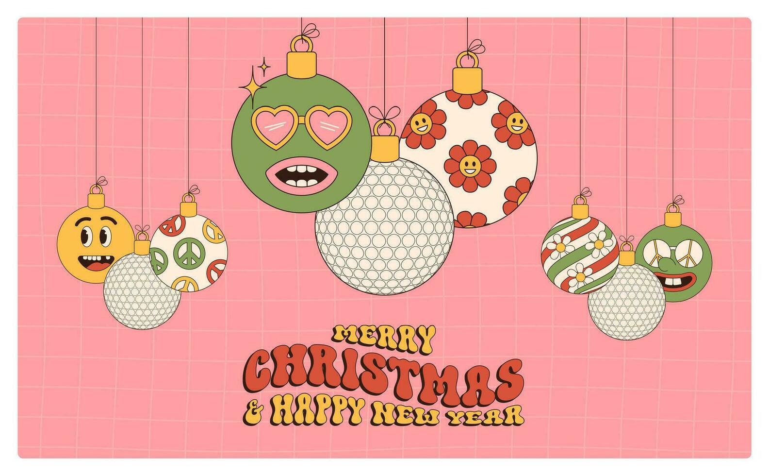 golf Merry Christmas and Happy New Year groovy Sports greeting card. Hanging ball as a groovy Christmas ball on vibrant background. Vector illustration.