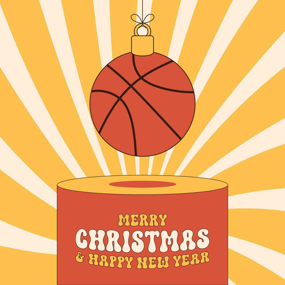 basketball groovy Christmas bauble pedestal. Merry Christmas groovy sport greeting card. Hang on a thread xmas ball on podium. Sport Trendy Vector illustration