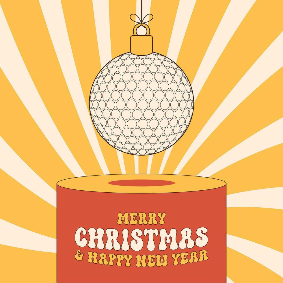golf groovy Christmas bauble pedestal. Merry Christmas groovy sport greeting card. Hang on a thread xmas ball on podium. Sport Trendy Vector illustration
