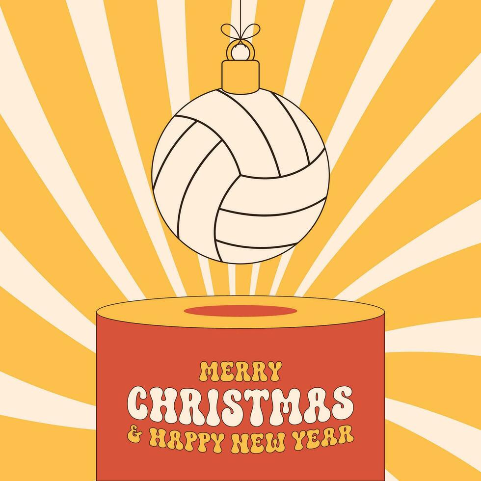 volleyball groovy Christmas bauble pedestal. Merry Christmas groovy sport greeting card. Hang on a thread xmas ball on podium. Sport Trendy Vector illustration