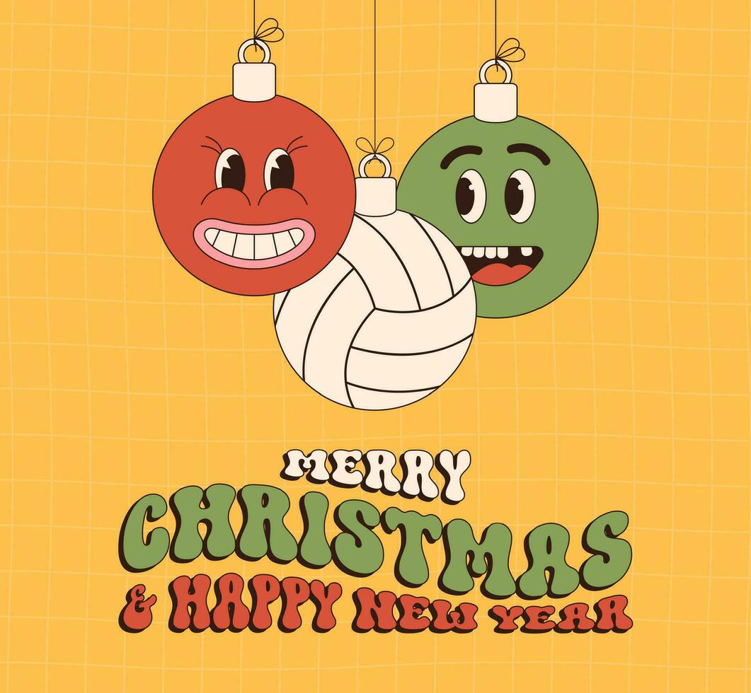 volleyball Merry Christmas and Happy New Year groovy Sports greeting card. Hanging ball as a groovy Christmas ball on vibrant background. Vector illustration.