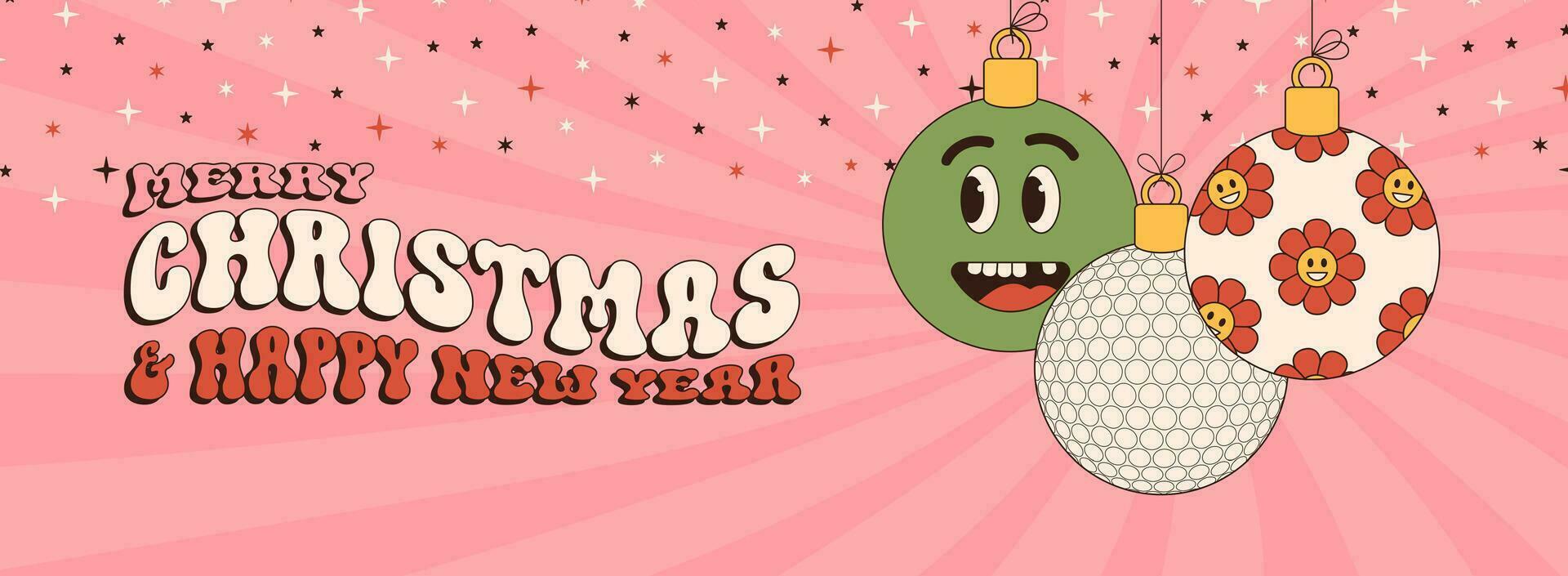 golf Merry Christmas and Happy New Year groovy Sports greeting card. Hanging ball as a groovy Christmas ball on vibrant background. Vector illustration.