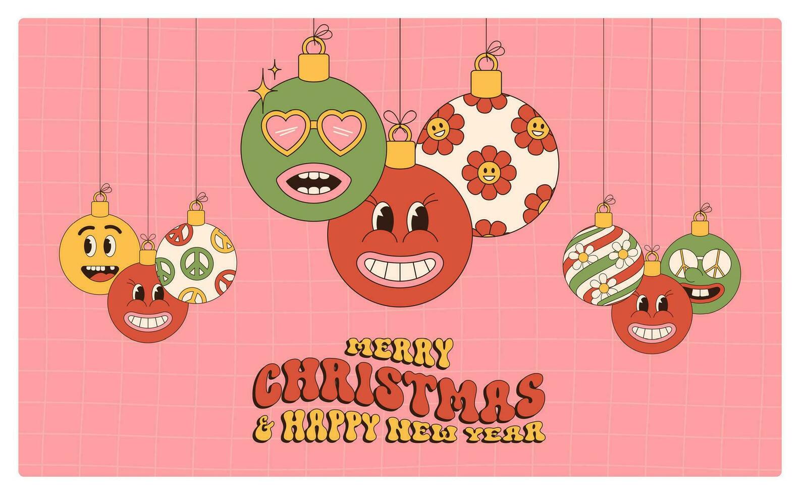 groovy christmas greeting card. Merry Christmas and Happy New year greeting card, poster, print, party invitation, background. vector