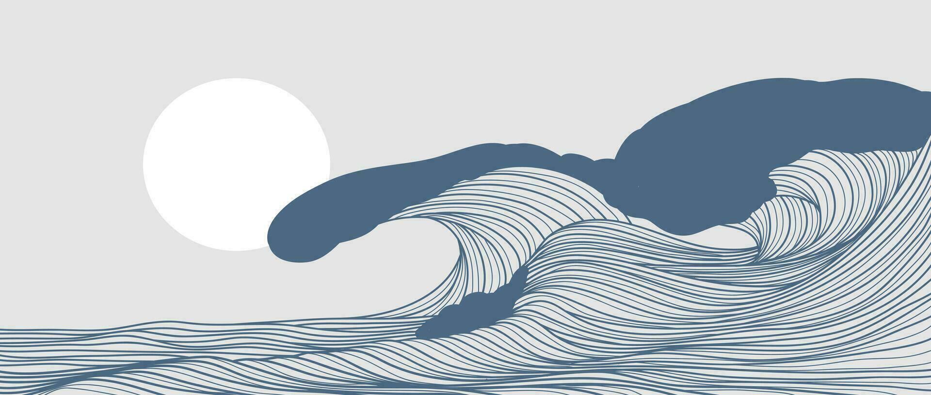 azul Oceano ola paisaje ilustraciones. creativo minimalista moderno línea Arte impresión. resumen contemporáneo estético antecedentes paisajes con océano, mar, horizonte, olas y puesta de sol vector