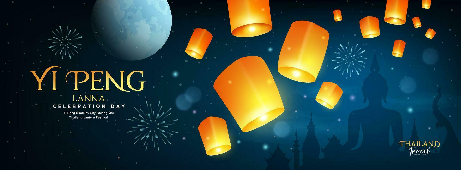 Floating lantern, Loy Krathong and Yi Peng lantern festival in Chiang Mai, thailand, banner on full moon and firework righting night background, Eps 10 vector illustration