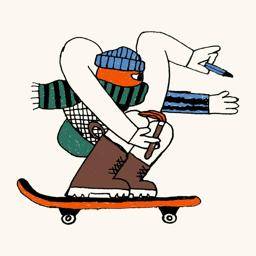 retro character skateboarding illustration. cute skateboarding art vector