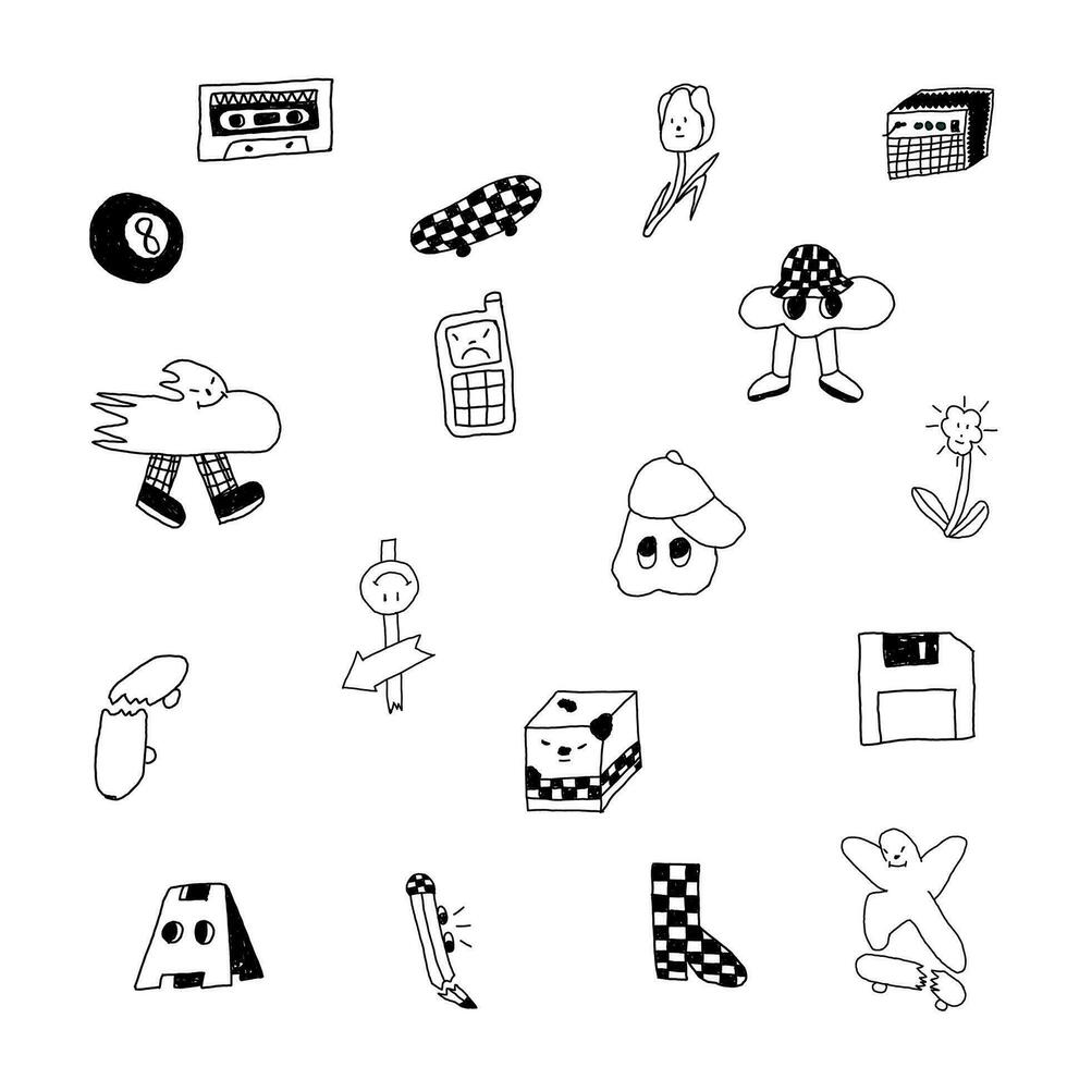 collection of cute Y2k doodle sticker illustrations vector