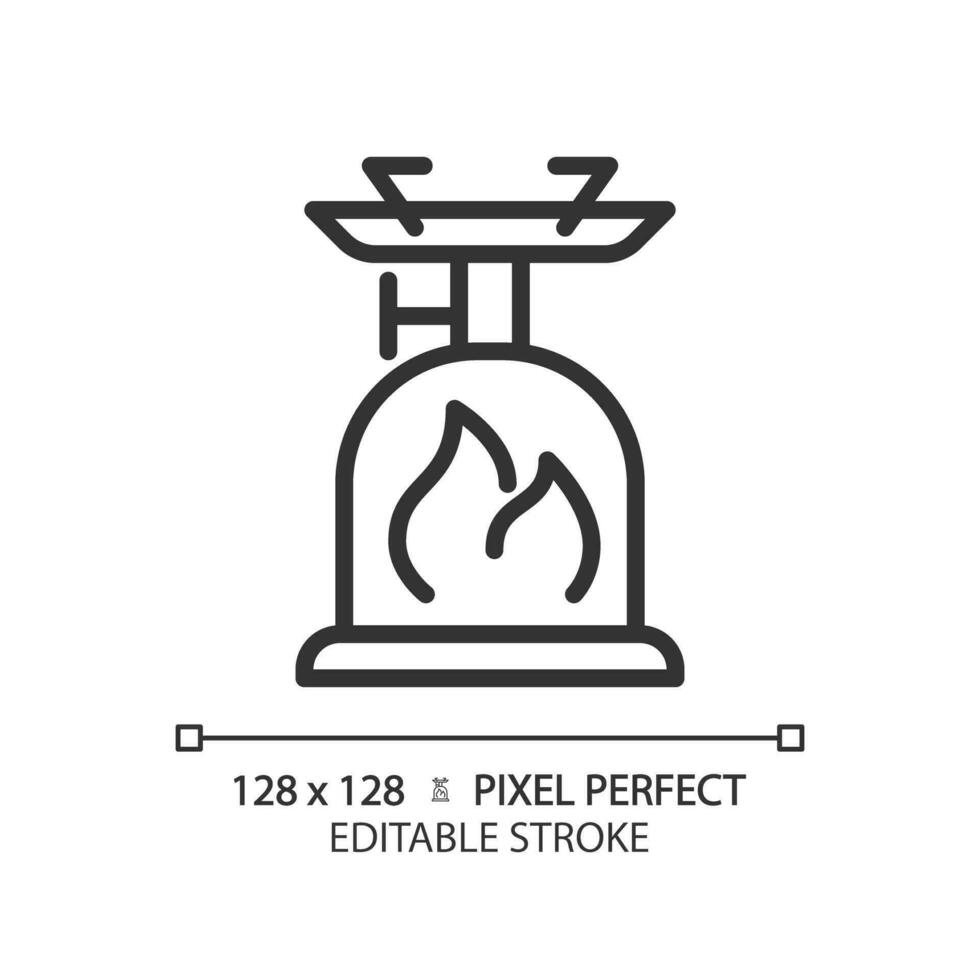 2D pixel perfect black camping stove icon, isolated vector, editable hiking gear thin line illustration. vector