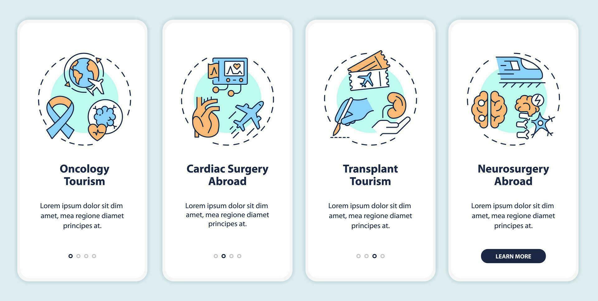 2D icons representing medical tourism mobile app screen set. Walkthrough 4 steps colorful graphic instructions with thin line icons concept, UI, UX, GUI template. vector